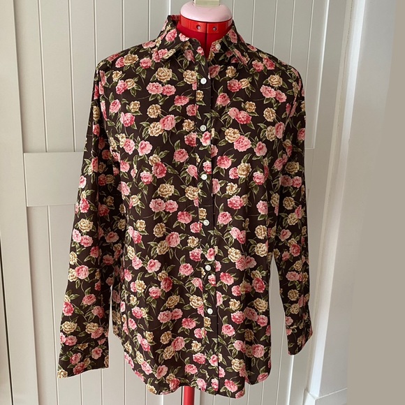 Jones New York Signature Blouse, 100% Cotton, Floral, Brown/Pink, Women's (US M) - Picture 3 of 10